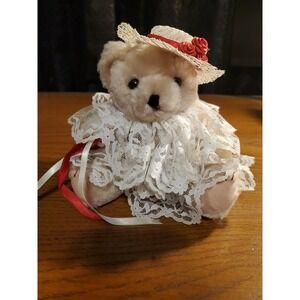 Vintage 8" Jointed Light Brown Beige Teddy Bear in Ivory Lace Red Ribbons W/ Hat